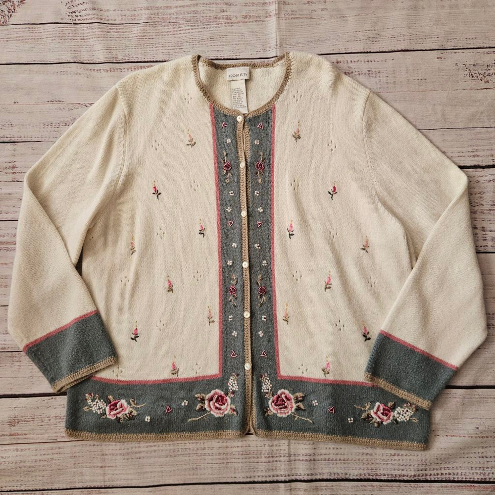 Vintage Koret Dainty Floral Embroidered Cottagecore Grannycore Cardigan XL